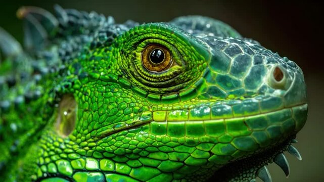 A close-up portrait of a green lizard's head showcasing textured scales, an eye, and a spiky crest
