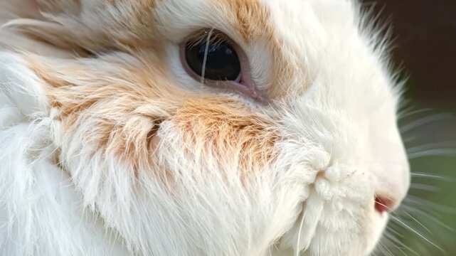 A close-up view of a rabbit's face, showcasing its eye, fur, and whiskers