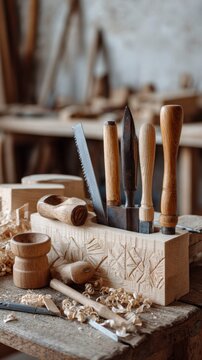 A collection of hand tools resting in a carved wooden block in a workshop setting.