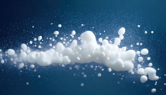 Abstract cloud of white spheres on a blue background, artistic rendering.