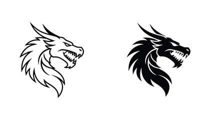 Aggressive dragon head mascot logo featuring sharp fangs and spiky mane in outline and solid black vector style for sports teams © Aura
