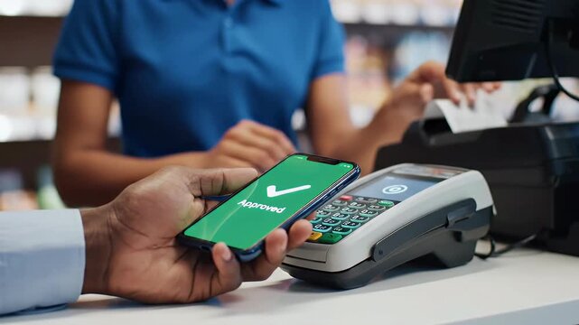 A close-up shot depicts a person using a smartphone to make a contactless payment at a point-of-sale terminal in a retail setting.