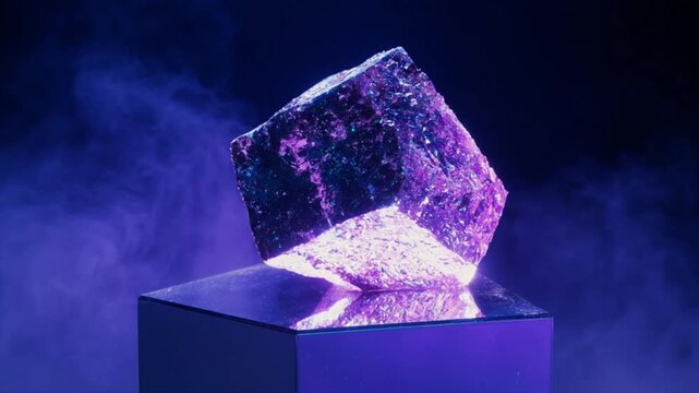 黄鉄鉱結晶 ネオン紫 青 ラボ照明 360度オービット 神秘的 未来的
