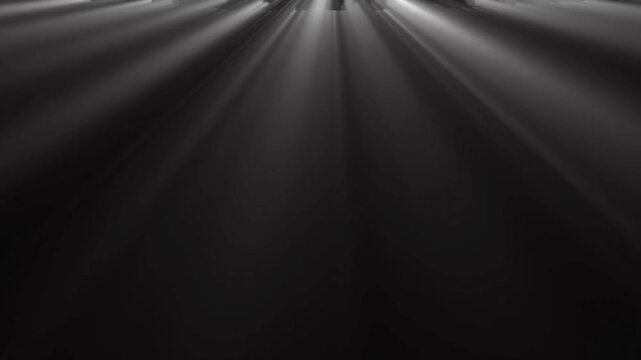 Cinematic White Sunrays Falling from Top on Black Background; Volumetric Light Beams and God Rays Overlay for Heavenly or Stage Lighting Effects.