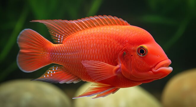 Red Devil cichlid in aquarium environments with vibrant colors, detailed scales, and dramatic lighting, ideal for premium aquatic and decorative visuals.