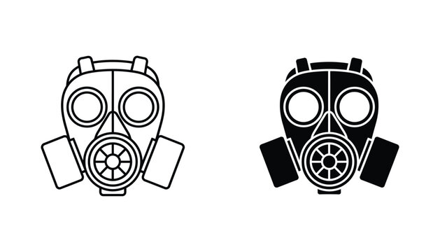 Gas mask protective equipment icon set featuring detailed line art and solid black silhouette versions for industrial safety and emergency preparedness concept designs isolated on white background