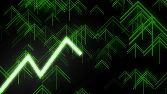 Neon green abstract arrow chart with geometric patterns on a dark background.