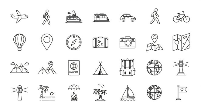 Collection of hand-drawn travel and transportation icons.