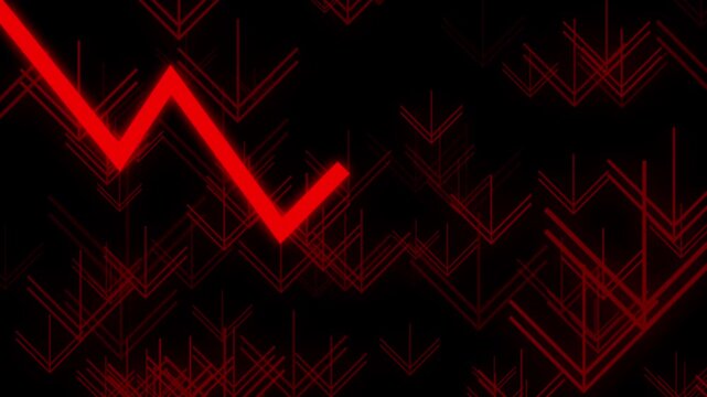 Abstract red zigzag line with geometric patterns on dark digital background design.