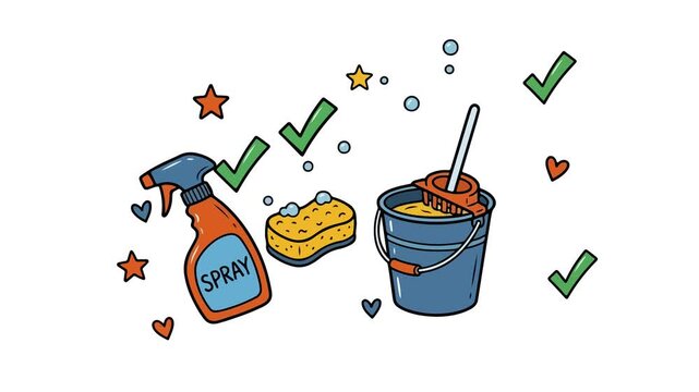 Playful doodle collage featuring a bottle, sponge, and a cup with straw among hearts and stars, conveying a cheerful lifestyle vibe.