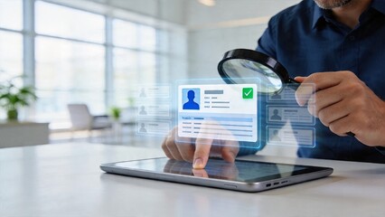 Fototapeta premium Businessman verifying digital identity on tablet futuristic interface with holographic profile magnifying glass inspection security check concept modern technology office