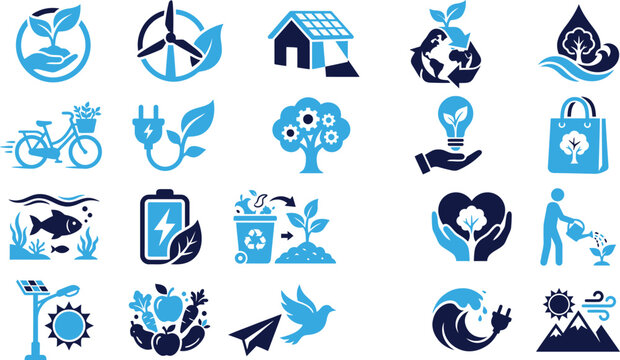 Eco friendly icons showing sustainability bicycle windmill solar panels and recycling.