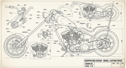 Obraz premium Detailed technical drawing of a custom motorcycle blueprint.