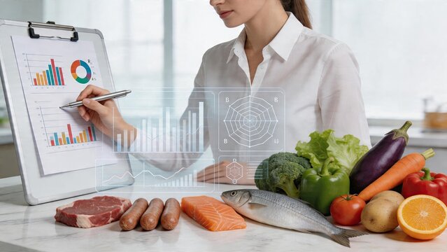 Business woman analyzing nutritional data diet planning charts on clipboard holographic health statistics interface overlay fresh food ingredients including salmon meat vegetables