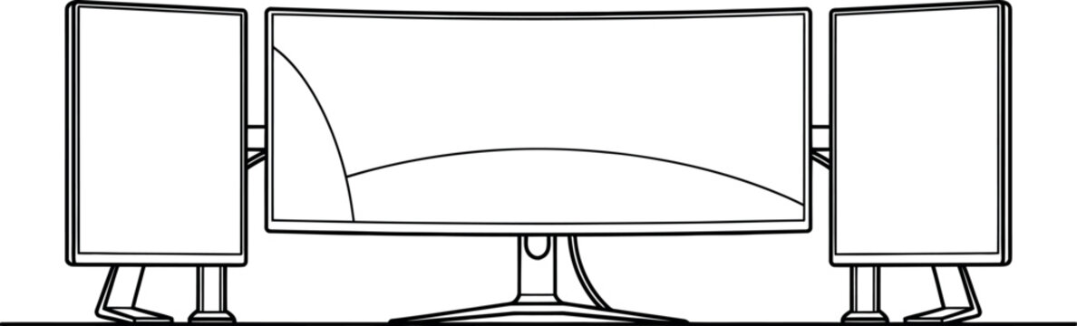 Minimalist line drawing of a curved computer monitor with side speakers