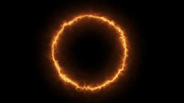 Cinematic Fire Energy Ring and Glowing Orange Portal Animation on Black Background; Magical Burning Circle VFX Overlay for Sci-Fi and Fantasy Projects.