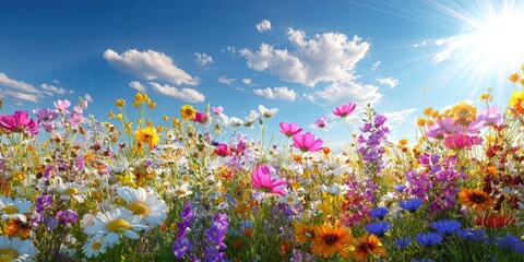 Obraz premium Vibrant, sunlit wildflower meadow with a clear blue sky and fluffy clouds