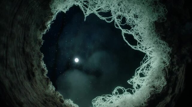 朽ち木の内側から見る菌糸の網 夜の森 白緑発光ワイドショット幻想映像
