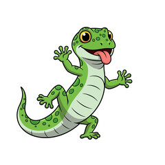 Fototapeta premium A cheerful green gecko with distinctive spots and its tongue playfully sticking out, shown in a dynamic pose. This illustration is perfect for children's education, marketing, or nature-themed designs
