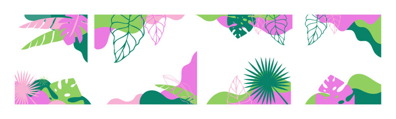 Obraz premium Tropical leaves frame summer background border and frame. Colorful modern botanical border. Abstract flat illustration of exotic jungle foliage.