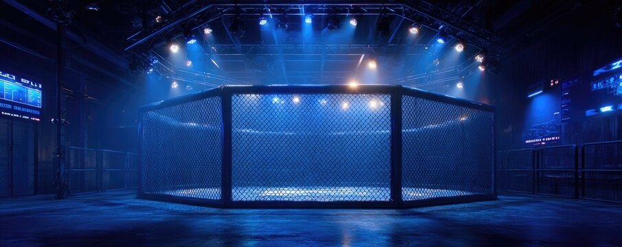 Octagonal fighting cage illuminated by spotlights in a dark arena