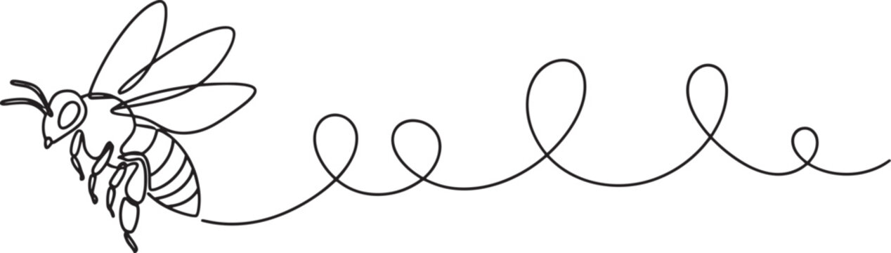 A delicate line drawing of a bee flying with a whimsical curly trail behind it, symbolizing nature's intricate dance