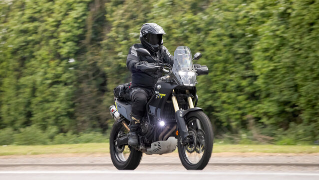 Bicester,Oxon.,UK - Apr 26th 2026: Man riding a Yamaha T&eacute;n&eacute;r&eacute; 700 adventure motorcycle driving on a British road
