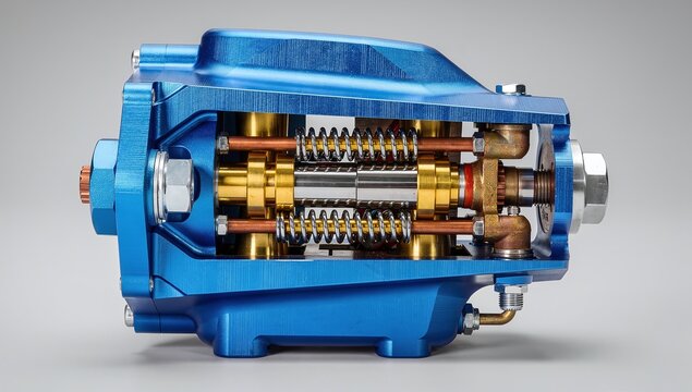 High-pressure fuel pump with internal cutaway view, blue anodized aluminum housing and gold-plated components