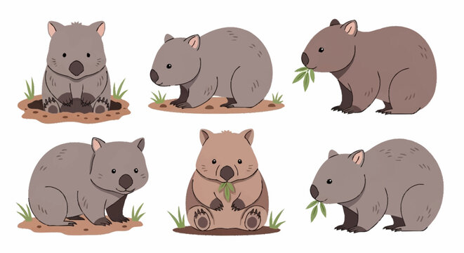 Six wombats in different poses.