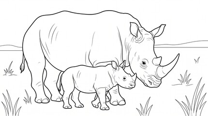 Fototapeta premium mother rhinoceros and calf grazing in savanna grassland illustration