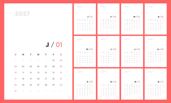 Monthly calendar template for 2027 year. Coral red modern minimalist planner for 2027 year. Wall calendar set for 2027 year with letter initials and Sunday start.