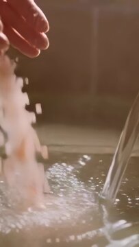 Vertical video: Flowing from tap, hand dropping granules into sink while mouth leaning, copy space