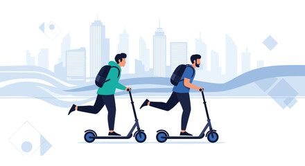 Fototapeta premium Commuters riding modern electric scooters through a city environment, representing sustainable urban mobility and efficient transport.