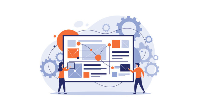Collaborative team mapping out a complex flowchart on a large presentation board using various shapes and connecting logic paths.
