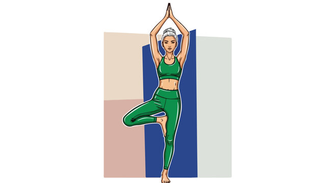 Yoga tree pose vector illustration, woman practicing vrikshasana in green sportswear, fitness and wellness concept for health blog