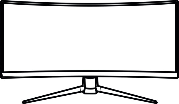 Black and white line drawing of a modern curved computer monitor with stand