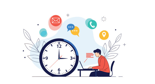 Focused worker managing time effectively at a desk with a giant clock and various icons for email, phone, and messaging to stay connected.