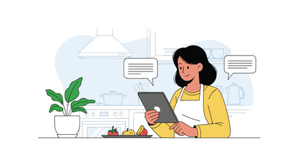Fototapeta premium Woman wearing apron using digital tablet to find recipes or watch cooking tutorials in a modern kitchen environment.
