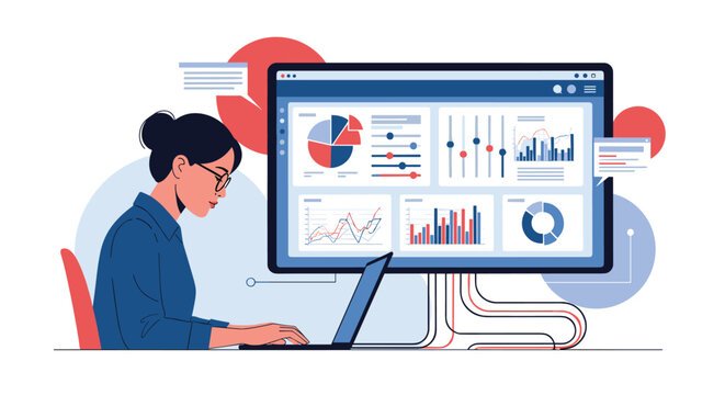 Female data analyst working on laptop in front of a giant screen displaying various colorful pie charts and statistical data.