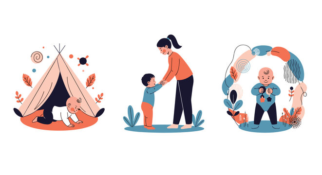 Childhood development stages showing a baby crawling, a toddler taking first steps with mother, and an infant standing alone.