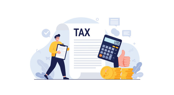 Accountant or taxpayer using a large calculator and form to calculate annual taxes and financial returns with positive results.