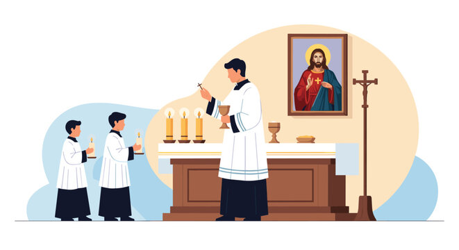 Catholic priest performing a religious ceremony at the altar with acolytes holding candles in front of a portrait of Jesus.