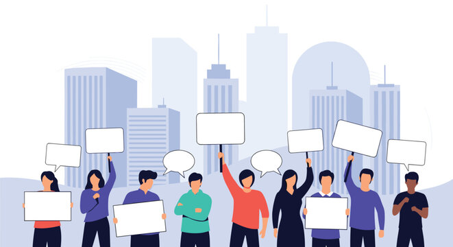 Group of activists hold blank white signs during a peaceful protest demonstration against a city skyline backdrop.