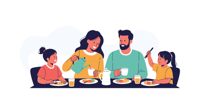 Happy family enjoys a healthy breakfast together at the dining table to start their day with positive energy.