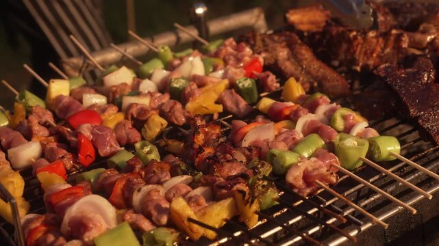 Colorful meat and vegetable kebab skewers grilling on barbecue grate at outdoor cookout, warm evening light, shallow depth of field.