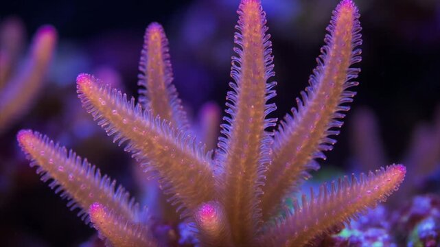 珊瑚ポリプ触手UV蛍光オレンジマゼンタ 超接写静止マクロ