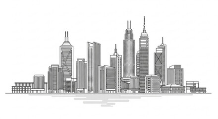 Fototapeta premium Black and white illustration of a city skyline with tall buildings and skyscrapers