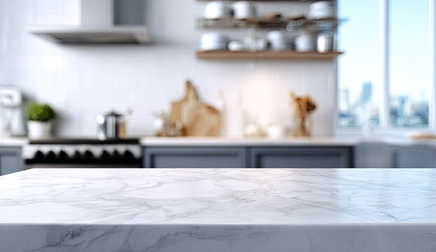 Blurred modern kitchen with marble countertop, white tile backsplash, and window view