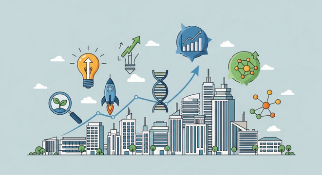 Cityscape with rocket ship and various scientific symbols floating above, representing innovation and growth in a metropolitan area with technology and nature