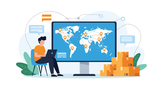 Logistics professional using a laptop and a global map monitor to manage international shipping, supply chain operations, and delivery.